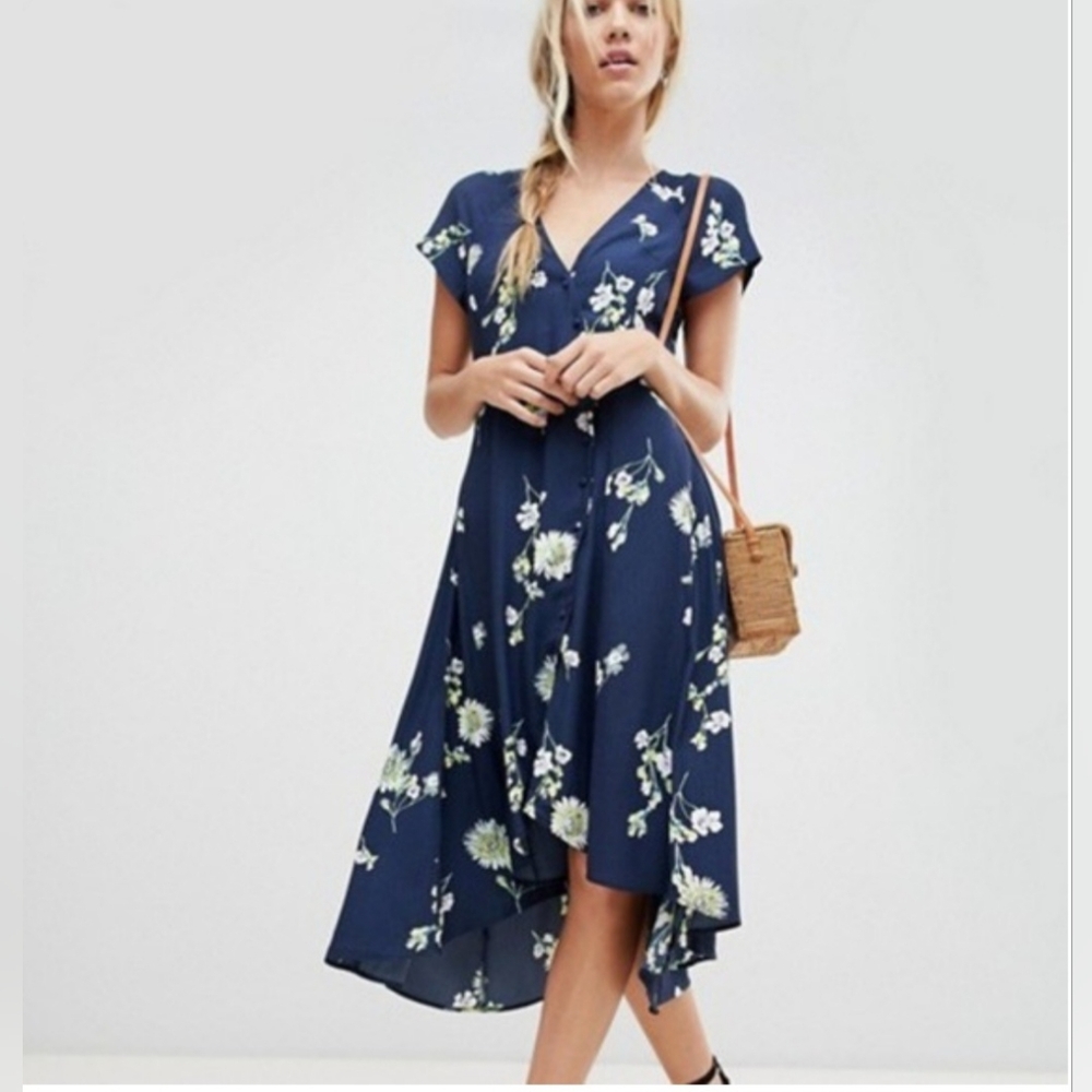 Free People Lost In You Floral Midi Navy Blue Button Down Cottagecore Dress